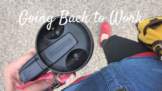 walking picture with coffee cup and bag. Text: Going Back to Work